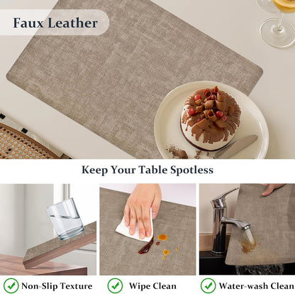 FROMHEART Faux Leather Placemats Set of 6–Waterproof,Heat/Oil Stain-Resistant PU Table Mat–Reversible,Non-Slip,Easy to Clean Place Mats for Kitchen,Dining,Indoor/Outdoor,(Light Coffee,11.8" x 17")