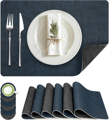 Faux Leather Dual Sided Placemats Set of 6, Square Non-Slip Heat Resistant Placemats with Coaster, Reversible wipeable Waterproof Table Mats for Kitchen, Dining, Outdoor (6, Black Navy Blue)