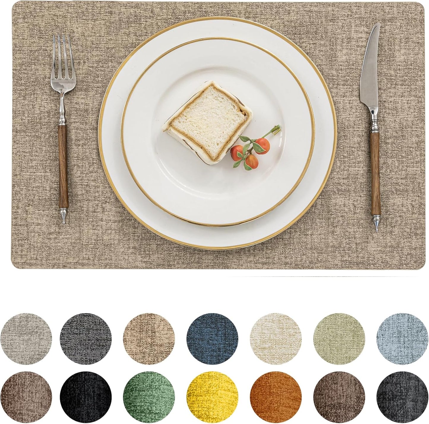 Romanstile Vinyl Placemats Set of 12-12 X 18 Inch - Heat Resistant Place Mats 100% Waterproof Oilproof Wipeable Reversible Faux Leather Table Mats for Kitchen/Dining/Party/Outdoor, Khaki
