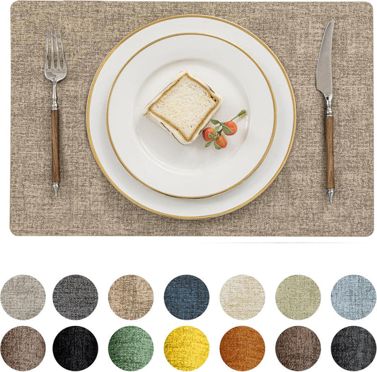 Romanstile Vinyl Placemats Set of 8-12 X 18 Inch - Heat Resistant Place Mats 100% Waterproof Oilproof Wipeable Reversible Faux Leather Table Mats for Kitchen/Dining/Party/Outdoor, Khaki