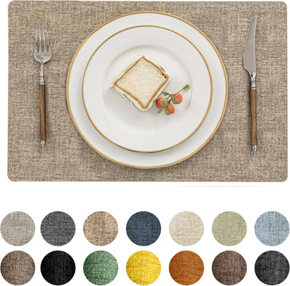 Romanstile Vinyl Placemats Set of 6-12 X 18 Inch - Heat Resistant Place Mats 100% Waterproof Oilproof Wipeable Reversible Faux Leather Table Mats for Kitchen/Dining/Party/Outdoor, Khaki