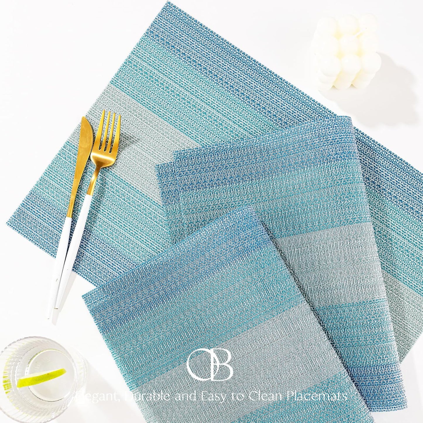 Placemats Set of 8 - Easy Clean Woven Vinyl Placemats for Dining Table, Indoor/Outdoor Place Mats, Washable PVC Table Mats（Ocean Geode）