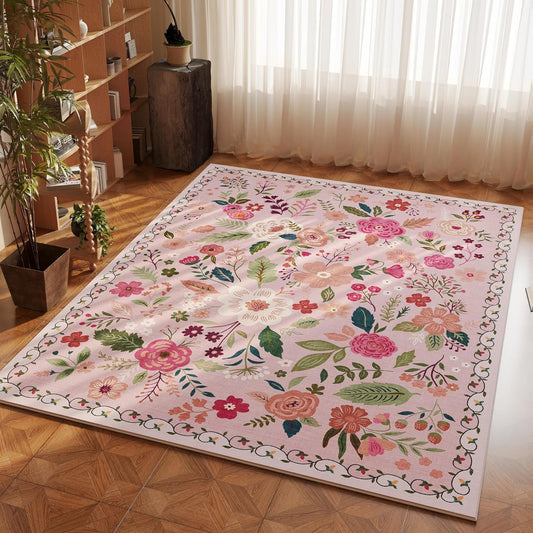 Area Rug 4x6 Rug Washable Boho Rugs Non Slip Low Pile Floral Small Carpet for Bedroom, Bedside, Kids Room, Office, Dining Room(Pink)