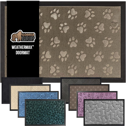 GORILLA GRIP 100% Waterproof All-Season WeatherMax Doormat, 47x35, US Designed Natural Rubber, Stain and Fade Resistant, Low Profile Indoor Outdoor Door Mats, Easy Clean Patio Mat, Tan Pawprints