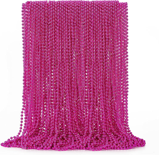 50PCS Bead Necklace, Metallic Mardi Gras Pink Bead Necklace, 33" Mardi Gras Round Beaded, Festival Parade Throw for Breast Cancer Awareness Accessories Gender Reveal Party Supplies Decor