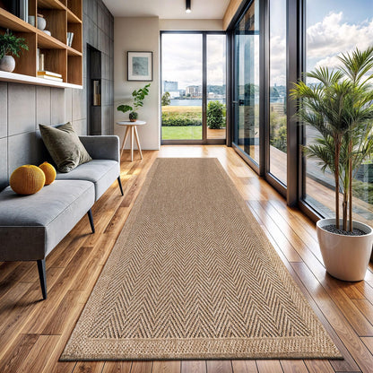 CAMILSON Indoor and Outdoor Runner Rug Natural Herringbone Seagrass Boho Design Easy-Cleaning Non Shedding Fiber Living Room Bedroom Garden Patio and Kitchen Washable Outside Carpet Alfombras (2x7)