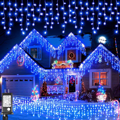 Icicle Lights for Outside, 66FT 640 LED Christmas Icicle Lights Outdoor Indoor with Waterproof 8 Modes, Plug in Curtain String Light for House Patio Roof Garden Party Wedding Decorations, Blue