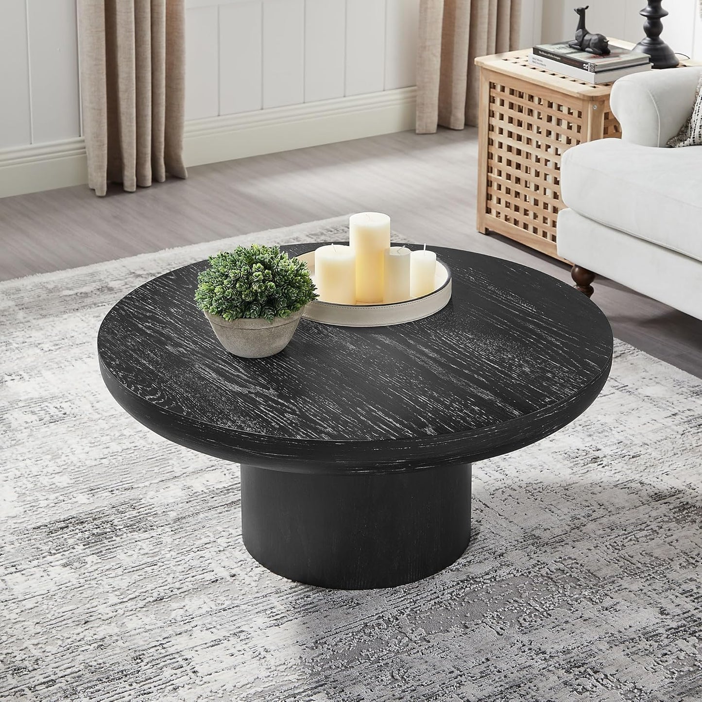 WILLIAMSPACE 35.98" Round Coffee Table with Cylindrical Base, Modern Wood Drum Center Table, Accent Side End Table for Living Room Apartment, φ35.98"*15.98"H (Black)