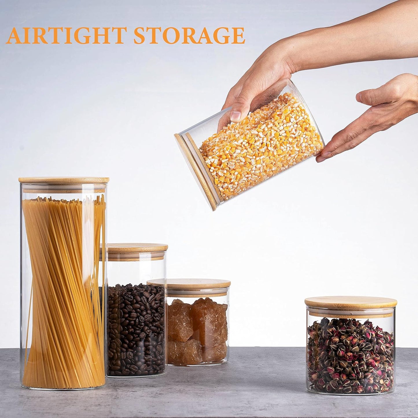 YUNCANG Glass Storage Jars [Set of 5],Clear Glass Food Storage Containers with Airtight Bamboo Lid Stackable Kitchen Canisters for Candy,Cookie,Rice,Sugar,Flour,Pasta,Nuts and Spice Jars