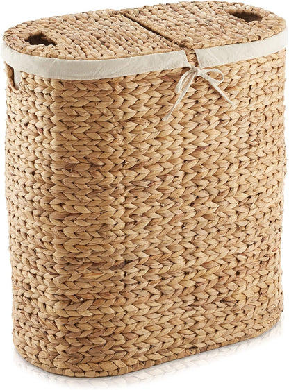 Casafield Oval Laundry Hamper with Lids and Removable Liner Bags - Natural, Woven Water Hyacinth 2-Section Laundry Basket Sorter for Clothes and Towels