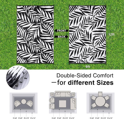 OLANLY Waterproof Outdoor Rug 9x12 ft, Reversible Outdoor Plastic Straw Rug with Leaf Pattern, RV Mat, Indoor Outdoor Carpet for Patio, Camping, Balcony, Deck, Backyard, Black & White