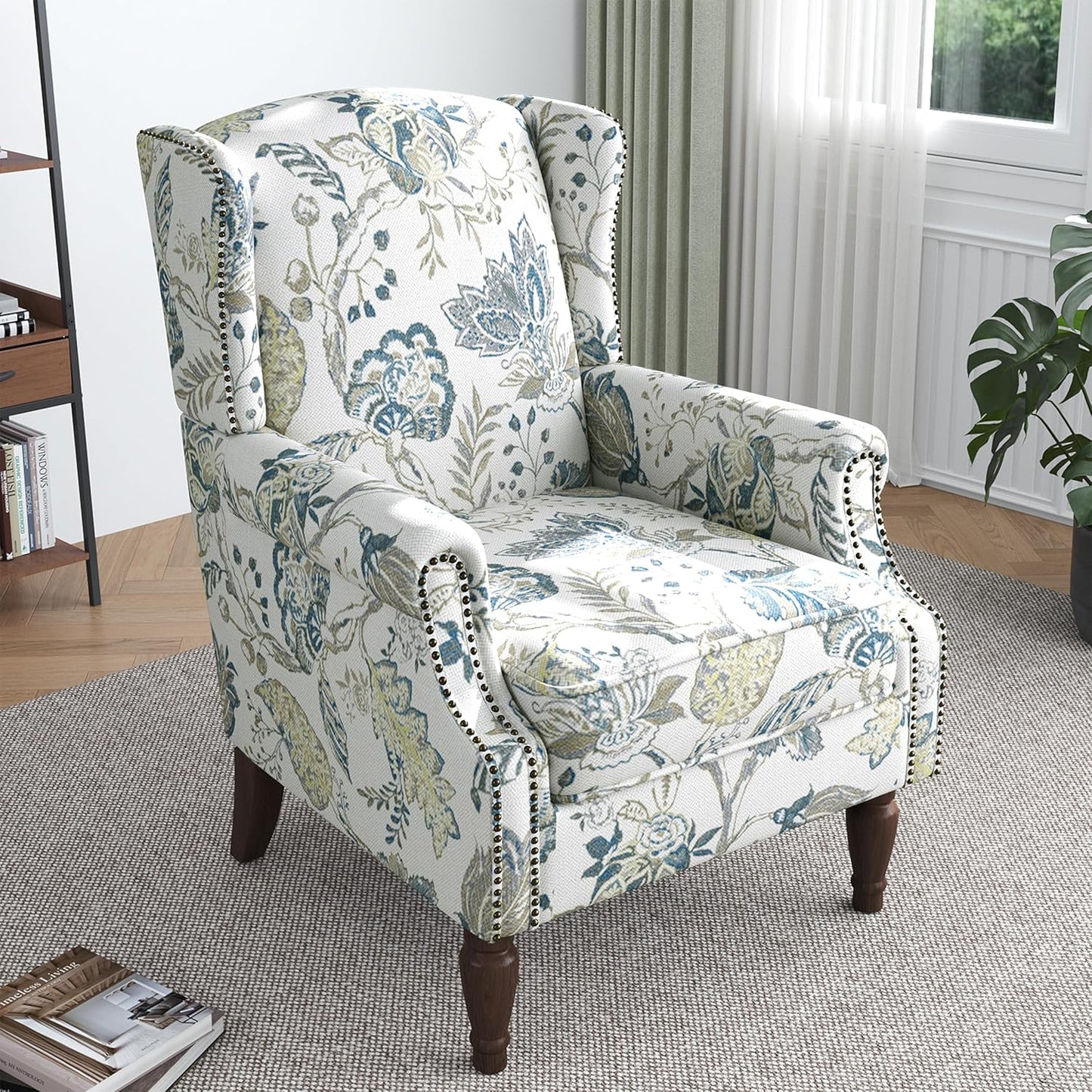 Lumibee High Back Accent Chair Set of 2, Armchair in Fabric,Comfy Upholstered Wingback Single Sofa Reading Chairs with Solid Wood Legs for Living Room,Bedroom,Office-Plants Blue