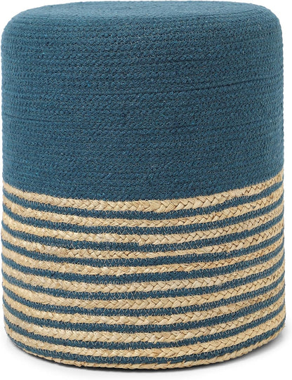 REDEARTH · Cylindrical Pouf Foot Stool Ottoman - Jute Braided Pouffe Poof Accent Sitting Footrest for Living Room, Bedroom, Nursery, Patio, Lounge & Other Rooms (Teal Natural, 14.5"x14.5"x16")