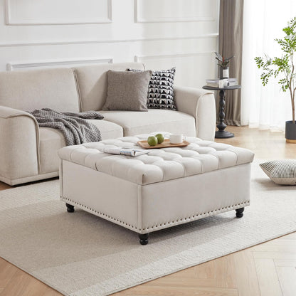 Tbfit Large Square Storage Ottoman Bench, Tufted Upholstered Coffee Table with Lift Top & Solid Wood Legs, Oversized Storage Ottomans Toy Box for Living Room (Beige)