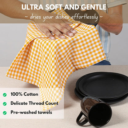 Native Fab 6 Pack Gingham Mini Check Kitchen Hand Towels Set - 100% Cotton Absorbent Reusable Washable 16"x26" - Quick Drying Dish Towels with Hanging Loops for Kitchen, Yellow White