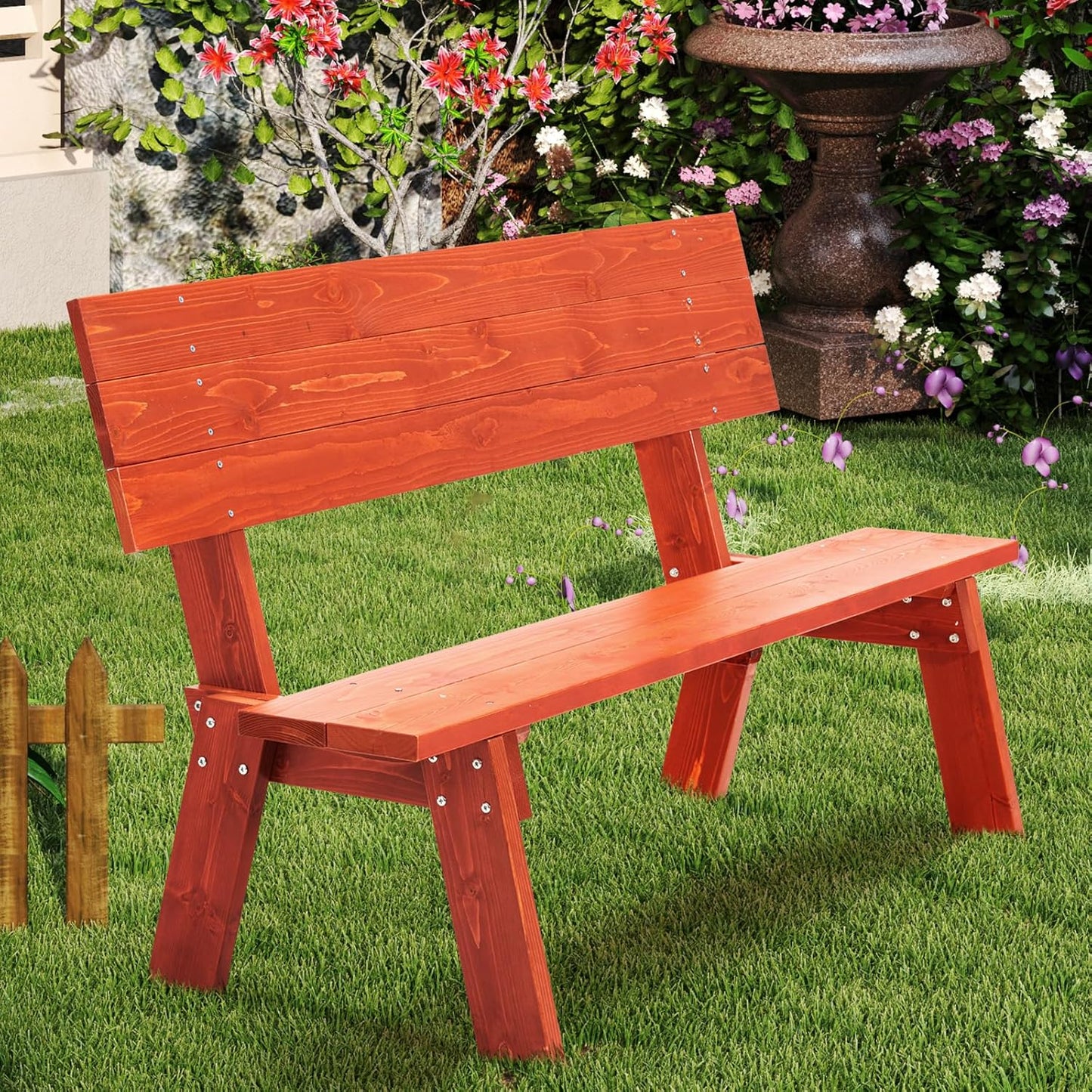 AVAWING Outdoor Convertible Wood Bench with Backrest, Patio Wood Convert a Bench, Space-Saving 2-in-1 Picnic Table Chairs Set for Backyard, Porch, Patio, Garden, Tangerine