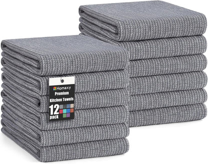 Homaxy Premium Kitchen Towels(18”x 28”, 12 Pack), Large Cotton Kitchen Hand Towels, Flat and Terry Dish Towels, 380 GSM Highly Absorbent Tea Towel Set with Hanging Loop, Grey