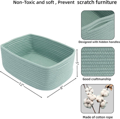 Small Woven Storage Baskets 12“X8”X5“ Decorative Rope Bins for Organizing Shelves, Closets, and Toys, Empty Gift Baskets, Cute Organizer Basket for Home and Office (green, regular)