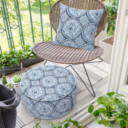 Inflatable Ottoman Stool D21 xH9 for Outdoor/Indoor Use, Water Repellent Patio Foot Rest Stool with Portable Handle,Round Pouf Ottoman Suitable for Garden,Deck and Camping - Medallion Blue