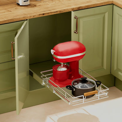 Pull Out Cabinet Organizer(14" W x 21" D), Heavy Duty Slide Out Pantry Shelves, Storage Shelf Drawer Basket for 15-1/4” Cabinet Opening, Pull Shelf Storage for Pots, Chrome