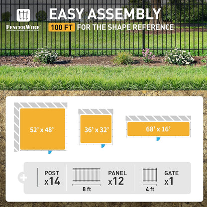 Fencer Wire 100FT Heavy Duty Flat Top Fence Barrier Kit, Anti-Rust Metal Steel Fence with 6FT Height X 8FT Width Panels, Gate, Posts, Connectors, 2” Diameter Outdoor Fencing for Yard, Pool, Patio