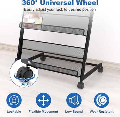 Brochure Display Stand 4 Layer Floor-Standing Magazine Rack Literature Newspaper Catalog Display Holder with Wheels and Top Billboard for Exhibitions,School, Hotel, Hospitals, Offices (Black)