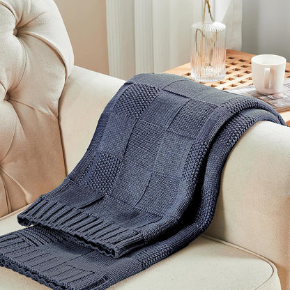 CozeCube Check Knit Throw Blanket, Steel Blue Checkered Throw for Couch, Decorative Christmas Soft Cozy Warm Knitted Blanket for Bed Sofa Living Room, 50"X60"