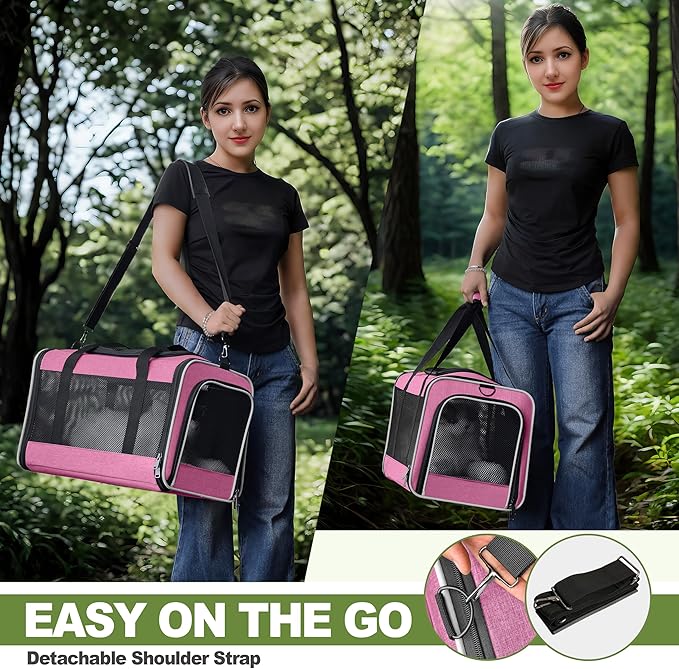 Cat Carrier 18x11x11 Delta Airline Approved, Easy Load Soft Pet Plane Travel Bag 15 pounds, Teacup Dog Crate 12 lbs, Yorkie Kennel Carrying Case, Kitten Toy Poodle Mesh Cage up to 20lbs Pink