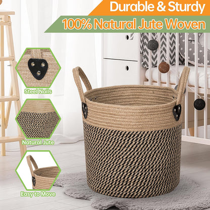14"x12" Natural Jute Rope Woven Storage Basket with Handles for Plant, Blankets,Toys,Clothes,Shoes - Living Room Home Decor,Multifunctional Basket for Organizer,Picnic,Artificial Tree