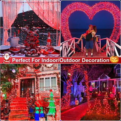100FT 300 LED Christmas Lights Outdoor, Plug in Christmas Tree Lights with 8 Modes Waterproof, Plug in Green Wire String Twinkle Lights for Indoor Patio Wedding Party Decorations, Red