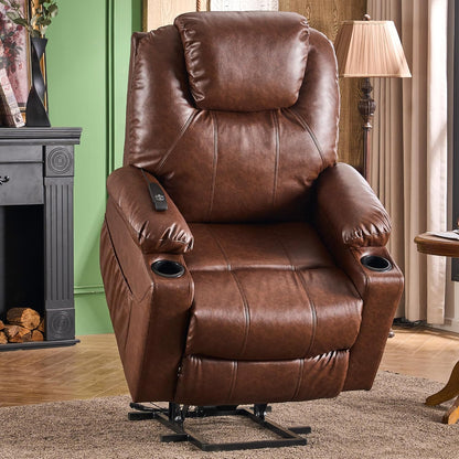 SALOHZA Power Lift Recliner Chair for Elderly with Massage and Heat for Living Room, Electric Recliner Chair for Adults with USB/Type C Port/Cup Holders, PU Faux Leather, Dark Brown