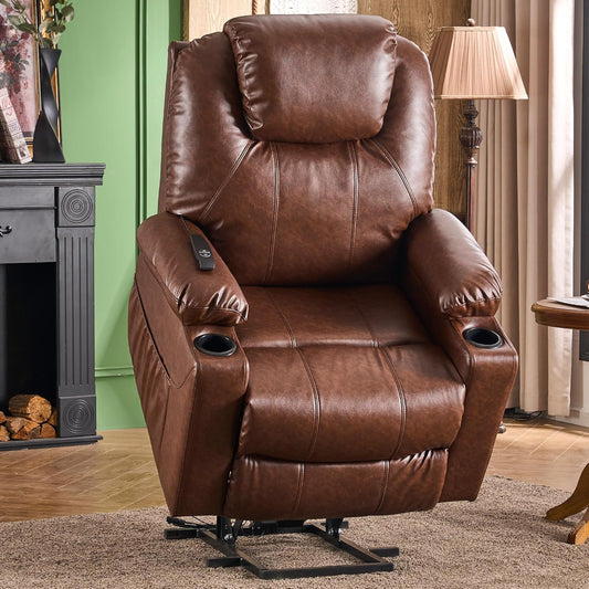 SALOHZA Power Lift Recliner Chair for Elderly with Massage and Heat for Living Room, Electric Recliner Chair for Adults with USB/Type C Port/Cup Holders, PU Faux Leather, Dark Brown