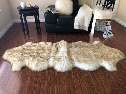 LAMBZY Faux Sheepskin Hypoallergenic Free Shape Silky Shag Rug, Luxury Shaggy Silky Plush Carpet for Bedrooms Rugs Living Room Sofa Floor Rugs (Double 2'x6', 60x180cm White with Brown Tips)