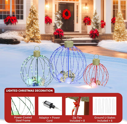 Outdoor Christmas Decorations, Set of 3 Lighted Christmas Ball Ornaments with 570 LED Lights, 6 Ground Stakes, Included 20 Small Plastic Xmas Ball Ornaments for Holiday Decor Yard