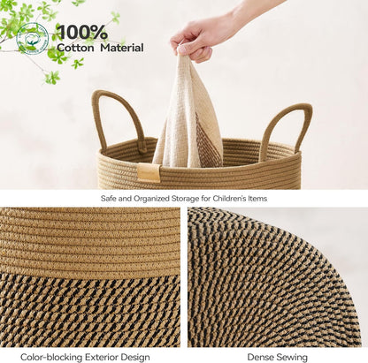 80L Laundry Hamper Basket,Baby Nursery Woven Storage Basket for Toys Bin,Pillows,Blankets,Clothes,Dark&Brown