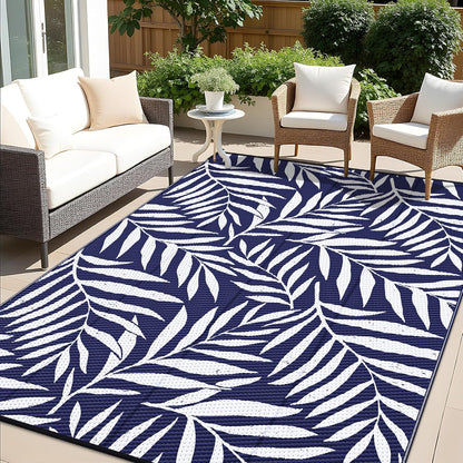 OLANLY Waterproof Outdoor Rug 8x10 ft, Reversible Outdoor Plastic Straw Rug with Leaf Pattern, RV Mat, Indoor Outdoor Carpet for Patio, Camping, Balcony, Deck, Backyard, Navy & White
