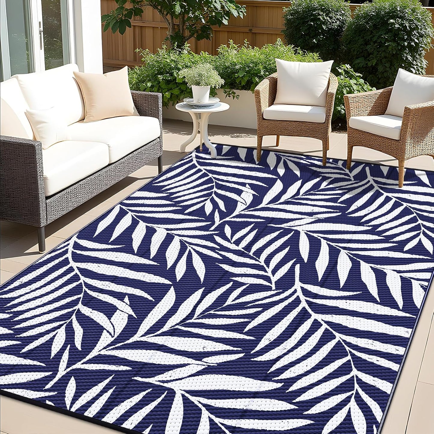 OLANLY Waterproof Outdoor Rug 6x9 ft, Reversible Outdoor Plastic Straw Rug with Leaf Pattern, RV Mat, Indoor Outdoor Carpet for Patio, Camping, Balcony, Deck, Backyard, Navy & White