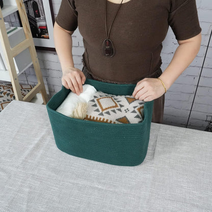 Cotton Rope storage Basket Bins14.5X9.5X9.3“ Basket for Organizing Shelves Rectangle Decorative Baskets For storage Clothes Toys Books Towels Square Wicker Nursery basket organizer 3 pack Dark green