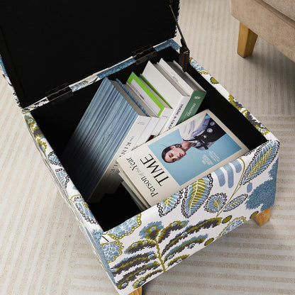 Adeco 18 Inch High Cube Ottoman Storage, Linen Chair Foot Stools, Upholstered Vanity Stool with Hinged Lid, Solid Wood Legs (Blue Leaves)