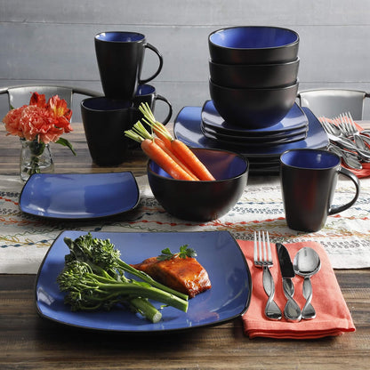 Gibson Elite Soho Lounge Square Reactive Glaze Stoneware Dinnerware Set, Service for 4 (16pc), Sapphire