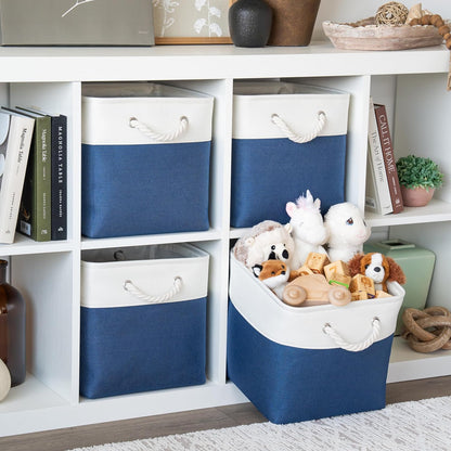 OrganiHaus 12x12 Cube Storage Bins 4 Pack, Foldable Cube Storage Organizer w/ Rope Handles, Collapsible Fabric Bins for Toys, Clothes & Closet Organization, Fabric Square Baskets - Navy Blue