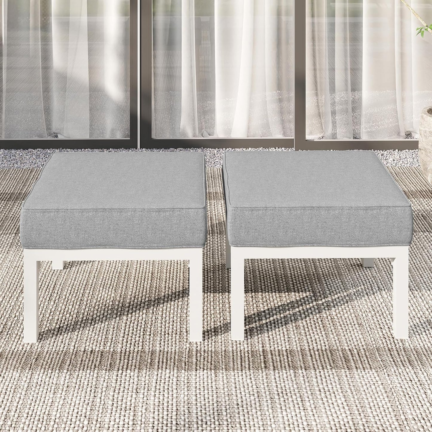 Solaste Outdoor Footstools Patio Ottoman Set of 2, Aluminum All-Weather Outdoor Footrest Seat with Removable Cushions, Patio Furniture Ottomans for Garden, Backyard, Poolside-White