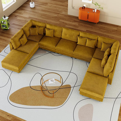 LLappuil U-Shaped Modular Sectional Sofa with Storage, 9-Seat Convertible Corduroy Couch with 9 Back Cushions & Throw Pillows, Large L-Shaped Sofa for Living Room, Yellow
