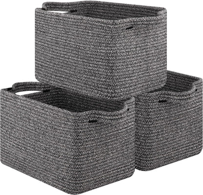 OIAHOMY Storage Basket, Woven Baskets for Storage, Cotton Rope Basket for toys,Towel Baskets for Bathroom - Pack of 3, Black