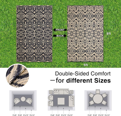 OLANLY Outdoor Rug Waterproof 5x8 ft Clearance, Reversible Outdoor Plastic Straw Rug with Floral Pattern, RV Mat for Patio, Camping, Balcony, Deck, Backyard, Black & Beige