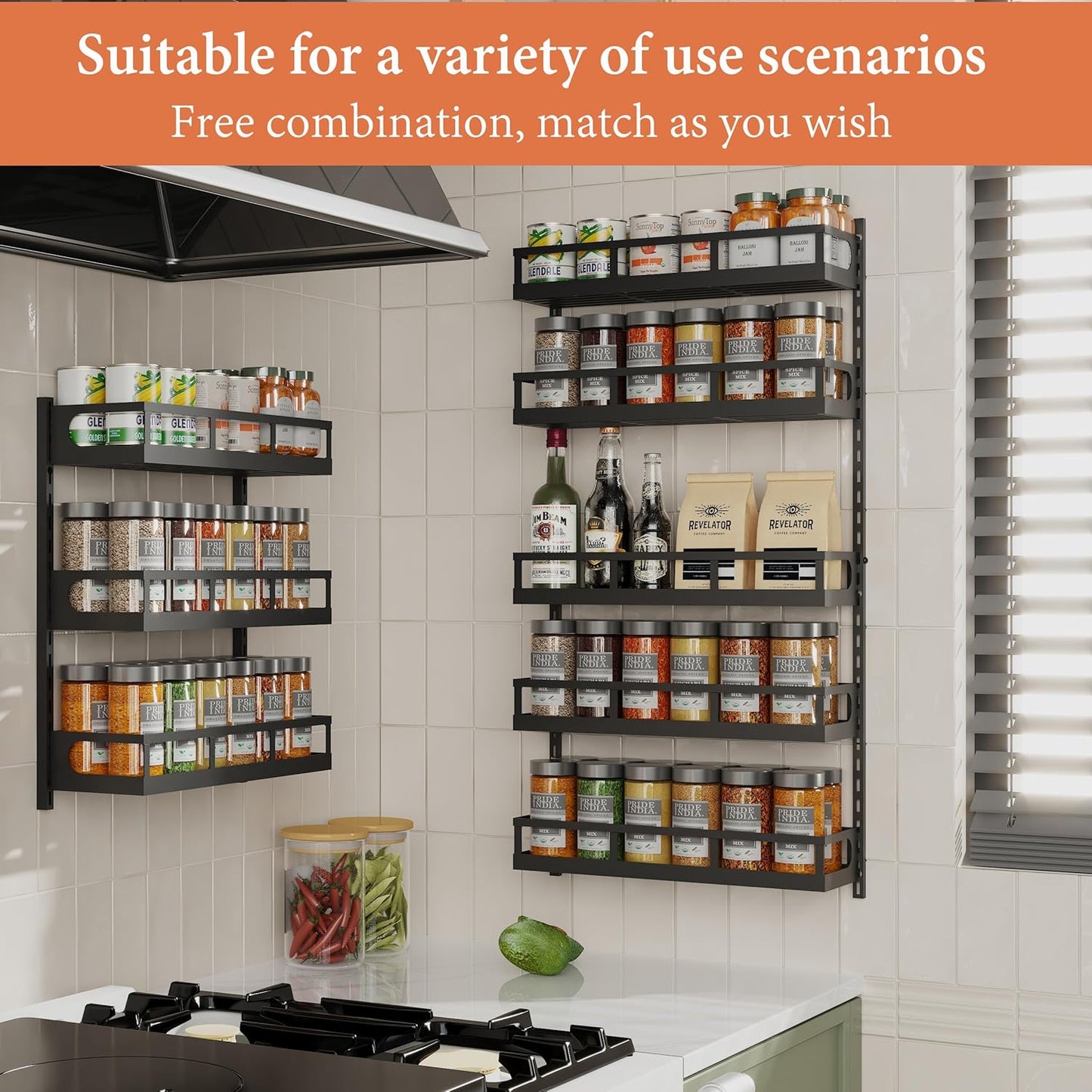 X-cosrack Wall Mount Spice Rack Organizer 5 Tier Height-Adjustable Hanging Spice Shelf Storage for Kitchen Pantry Cabinet, Dual-Use Seasoning Holder Rack with Hooks, Black-Patented