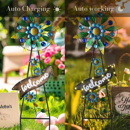 TERESA'S COLLECTIONS Hummingbird Garden Solar Stake, Wind Spinner Yard Art Sign for Outdoor Decor, Metal Purple Floral Windmill Decorative Garden Stake for Lawn Ornaments, Gifts for Mom, 36''