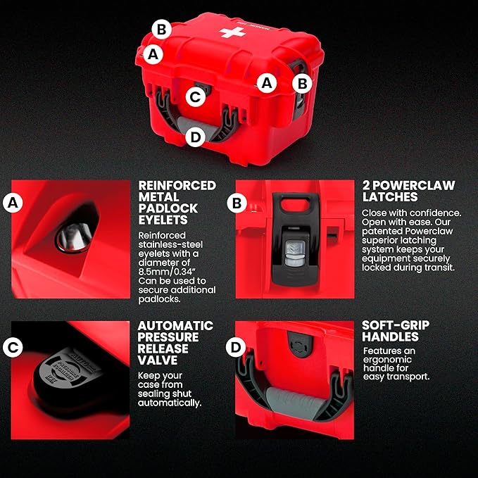 NANUK 908 Waterproof First Aid Box Empty – Durable, Medical First Aid Organizer Case, IP67-Rated, Dustproof, Impact-Resistant, and Floats (9.5" x 7.5" x 7.5") – Red
