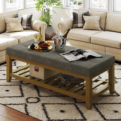 Large Rectangular Upholstered Ottoman Bench, Linen Tufted Footrest Ottoman with Solid Wood Shelf Storage Coffee Table for Bedroom Living Room, Granite