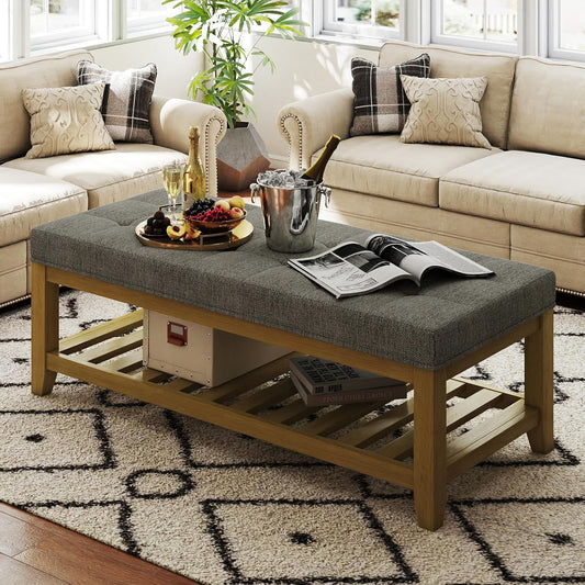 Large Rectangular Upholstered Ottoman Bench, Linen Tufted Footrest Ottoman with Solid Wood Shelf Storage Coffee Table for Bedroom Living Room, Granite